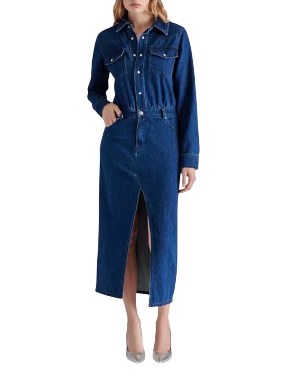 Steve Madden Dark Blue Denim Maxi Dress with Front Slit